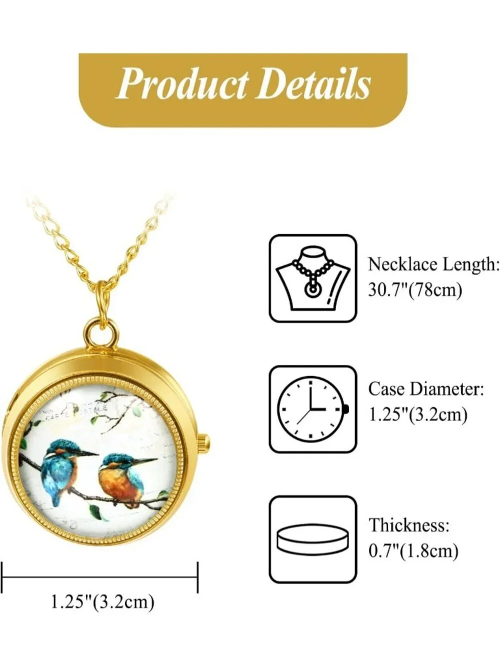 Women's Gold Analog Quartz Birds Vintage Pendant Necklace Chain Pocket Watch